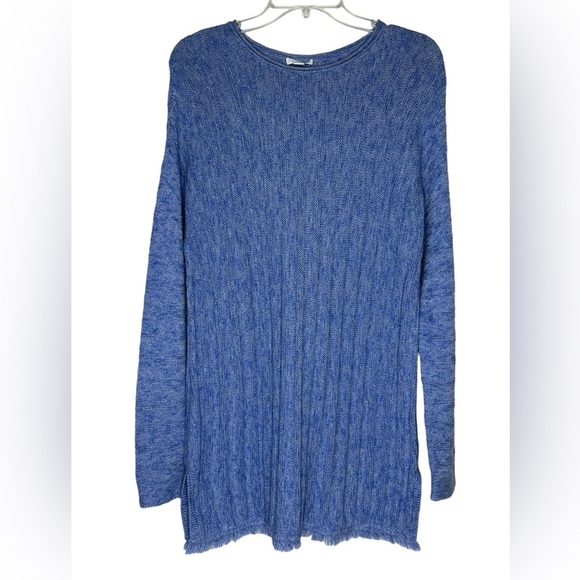 j. jill Tunic Sweater Women's M Light Blue Button Back Ribbed Fringe Pullover - Picture 1 of 7